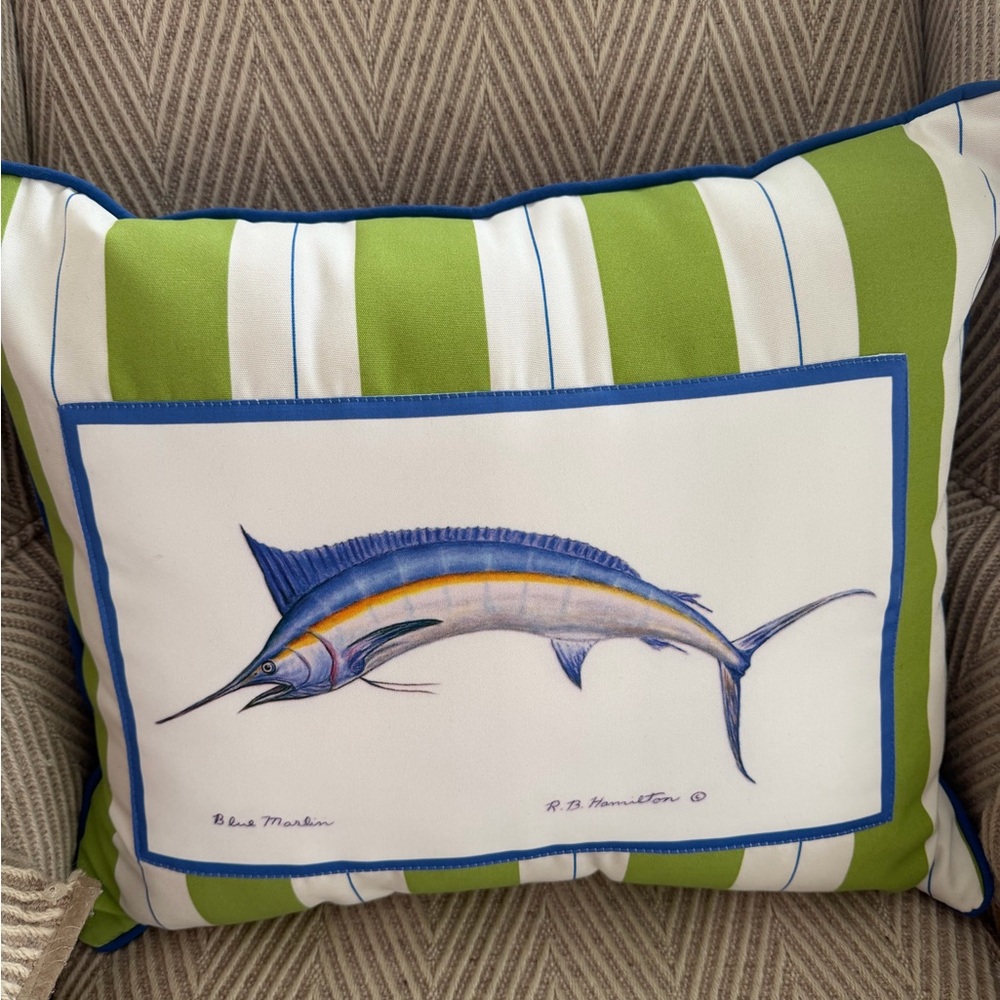 Large R.B. Hamilton Blue Marlin Pillow Striped Green and White Indoor/ Outdoor